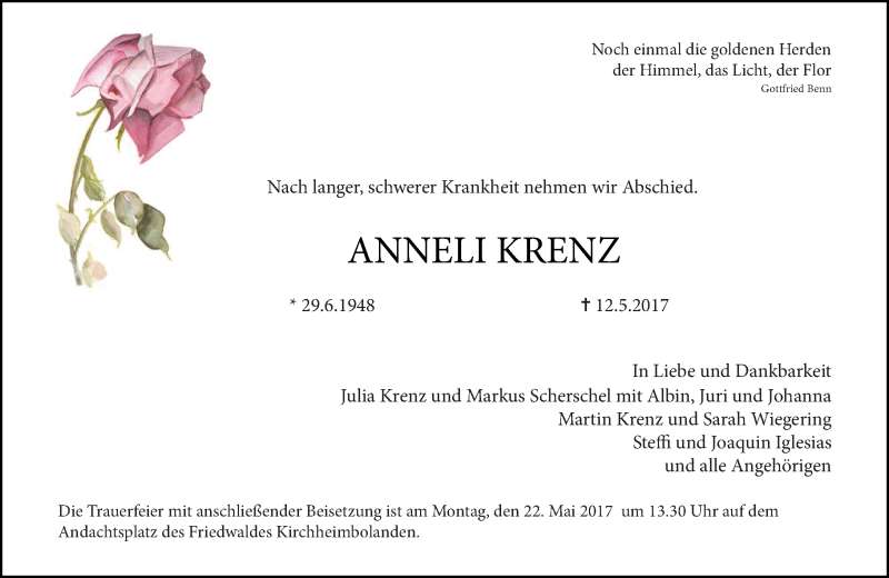  Traueranzeige für Anneli Krenz vom 17.05.2017 aus Trauerportal Rhein Main Presse