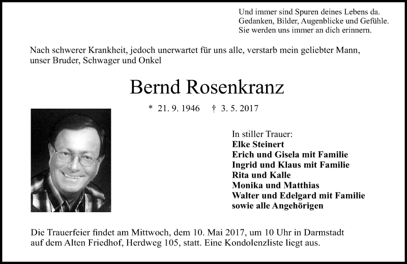  Traueranzeige für Bernd Rosenkranz vom 06.05.2017 aus Trauerportal Echo Online