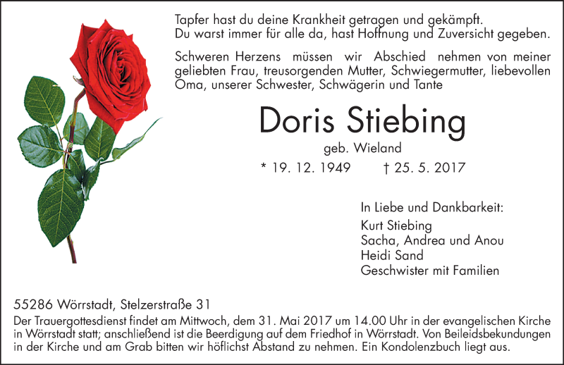  Traueranzeige für Doris Stiebing vom 27.05.2017 aus Trauerportal Rhein Main Presse