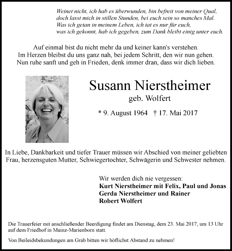  Traueranzeige für Susann Nierstheimer vom 20.05.2017 aus Trauerportal Rhein Main Presse