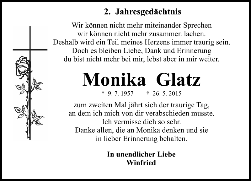  Traueranzeige für Monika Glatz vom 26.05.2017 aus Trauerportal Rhein Main Presse