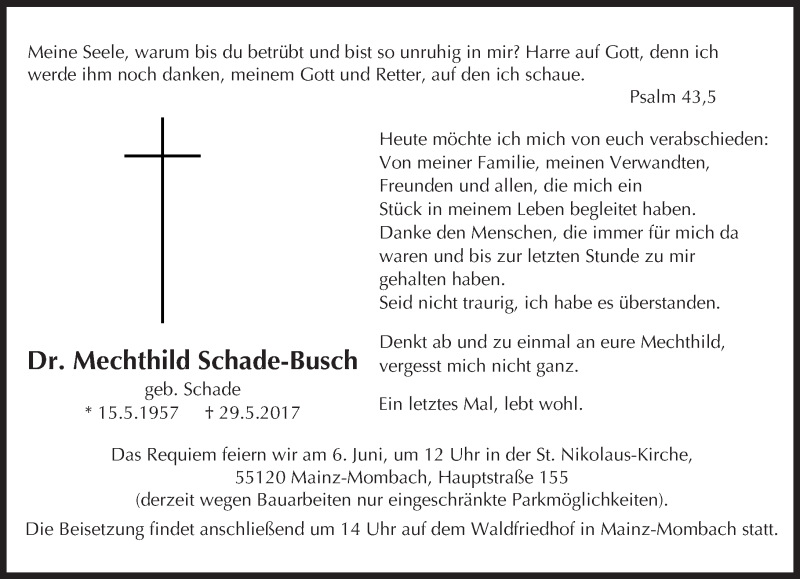  Traueranzeige für Mechthild Schade-Busch vom 03.06.2017 aus Trauerportal Rhein Main Presse