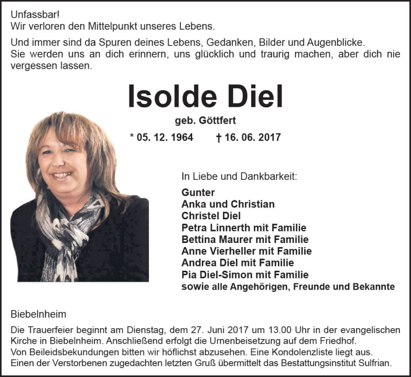  Traueranzeige für Isolde Diel vom 24.06.2017 aus Trauerportal Rhein Main Presse