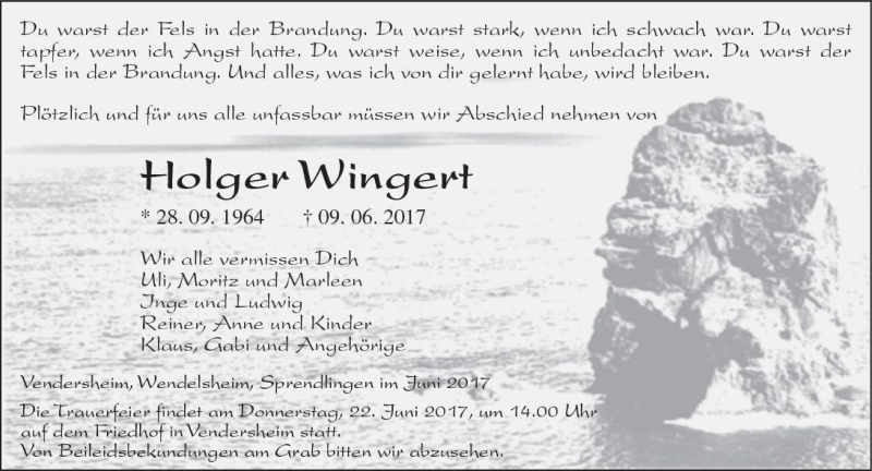  Traueranzeige für Holger Wingert vom 20.06.2017 aus Trauerportal Rhein Main Presse
