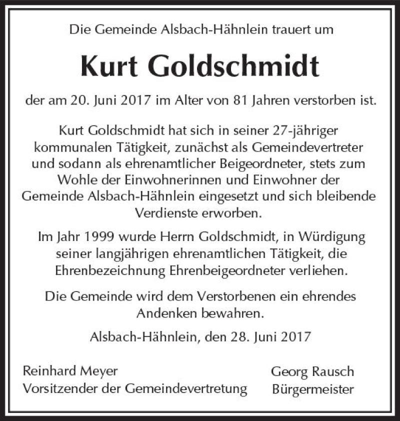  Traueranzeige für Kurt Goldschmidt vom 28.06.2017 aus Trauerportal Echo Online