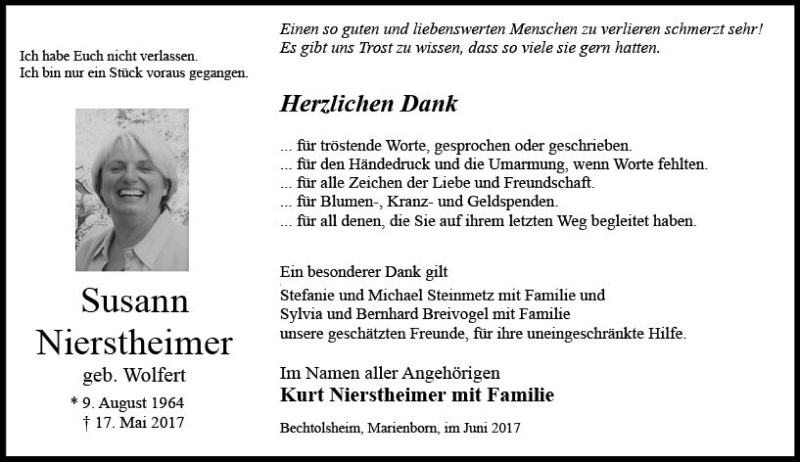  Traueranzeige für Susann Nierstheimer vom 10.06.2017 aus Trauerportal Rhein Main Presse