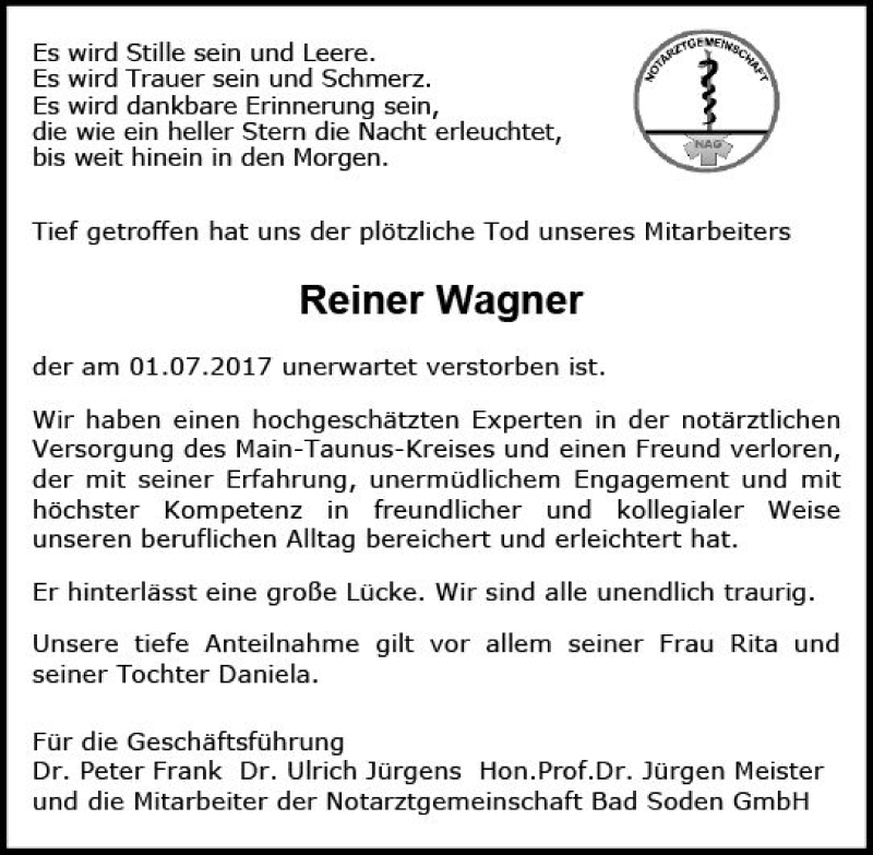  Traueranzeige für Reiner Wagner vom 07.07.2017 aus Trauerportal Rhein Main Presse
