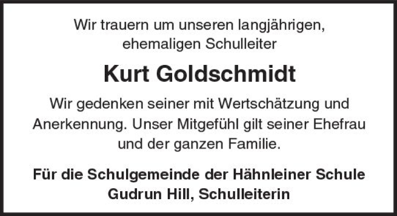  Traueranzeige für Kurt Goldschmidt vom 01.07.2017 aus Trauerportal Echo Online