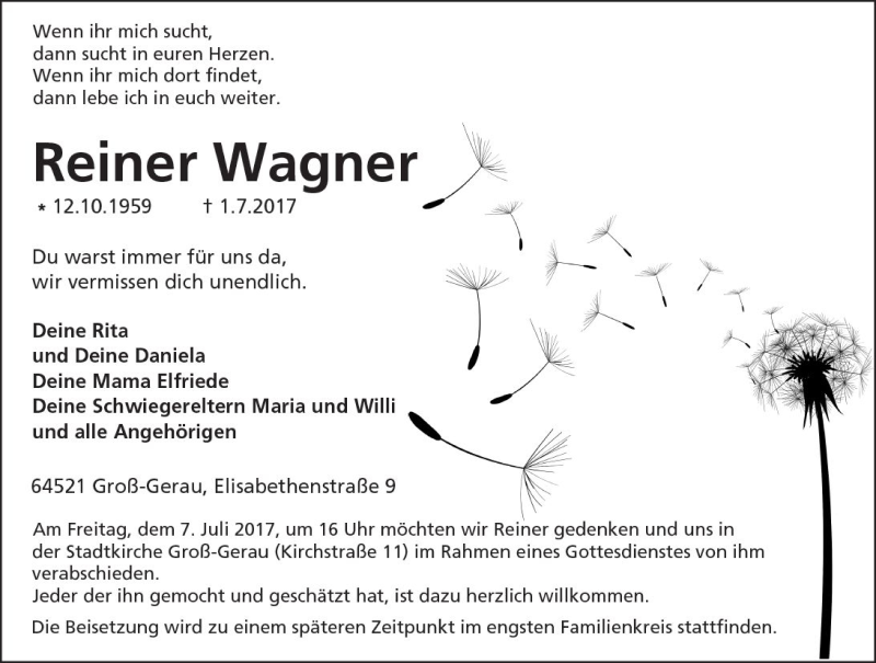  Traueranzeige für Reiner Wagner vom 04.07.2017 aus Trauerportal Echo Online