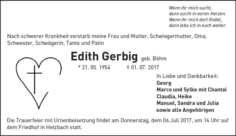  Traueranzeige für Edith Gerbig vom 05.07.2017 aus Trauerportal Echo Online
