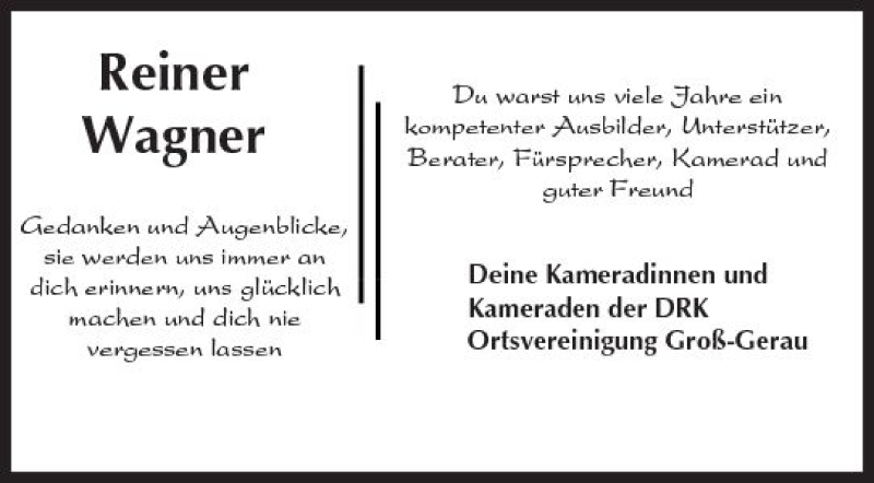 Traueranzeige für Reiner Wagner vom 06.07.2017 aus Trauerportal Rhein Main Presse