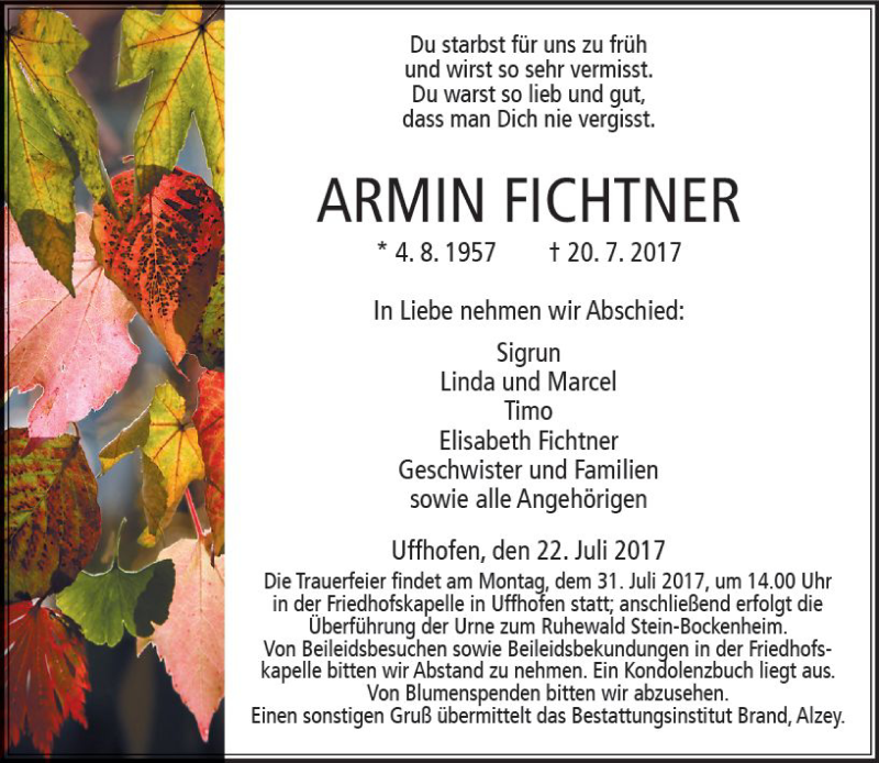  Traueranzeige für Armin Fichtner vom 22.07.2017 aus Trauerportal Rhein Main Presse