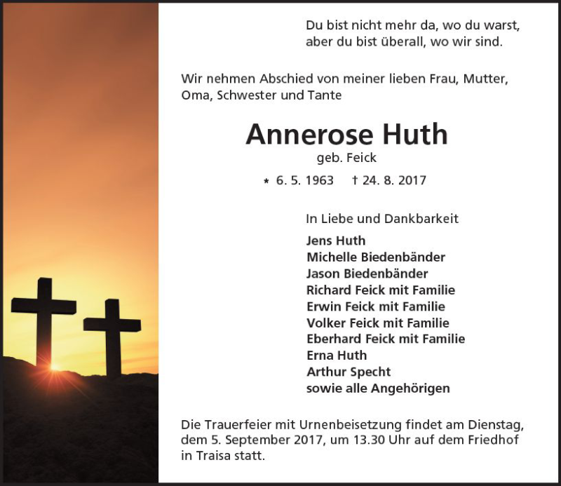  Traueranzeige für Annerose Huth vom 30.08.2017 aus Trauerportal Echo Online