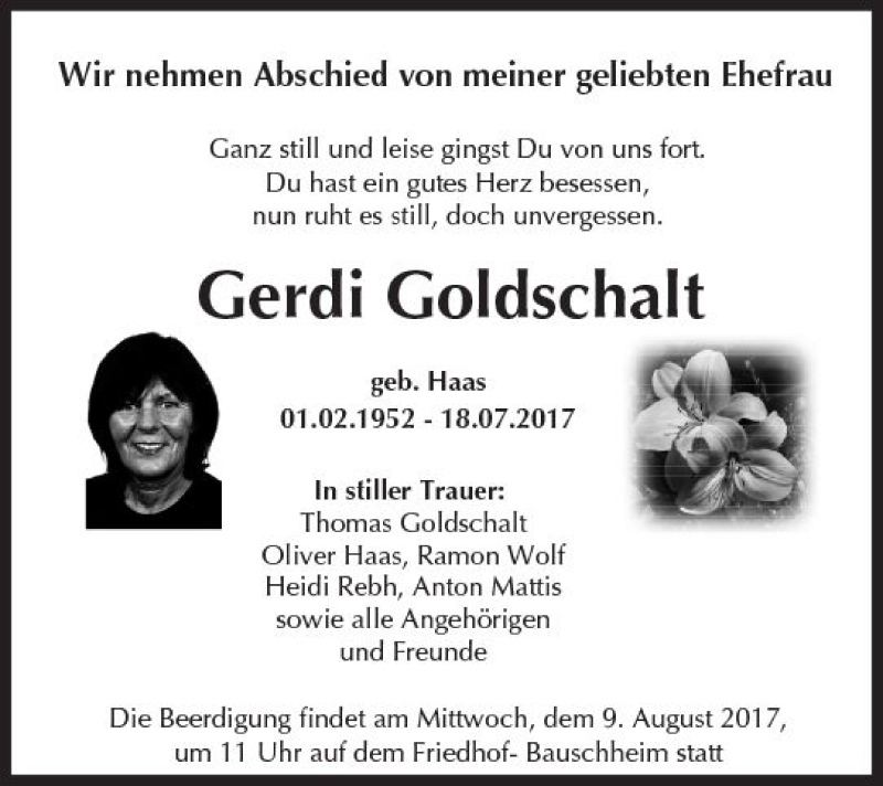  Traueranzeige für Gerdi Goldschalt vom 05.08.2017 aus Trauerportal Rhein Main Presse