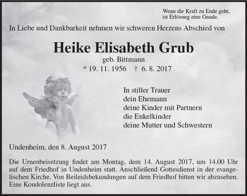  Traueranzeige für Heike Elisabeth Grub vom 12.08.2017 aus Trauerportal Rhein Main Presse