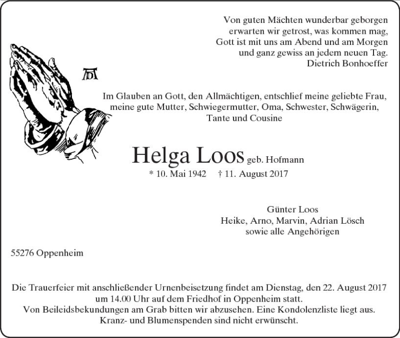  Traueranzeige für Helga Loos vom 17.08.2017 aus Trauerportal Rhein Main Presse