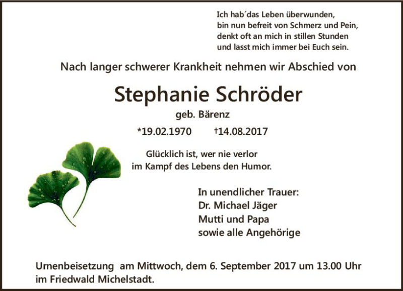  Traueranzeige für Stephanie Schröder vom 26.08.2017 aus Trauerportal Echo Online