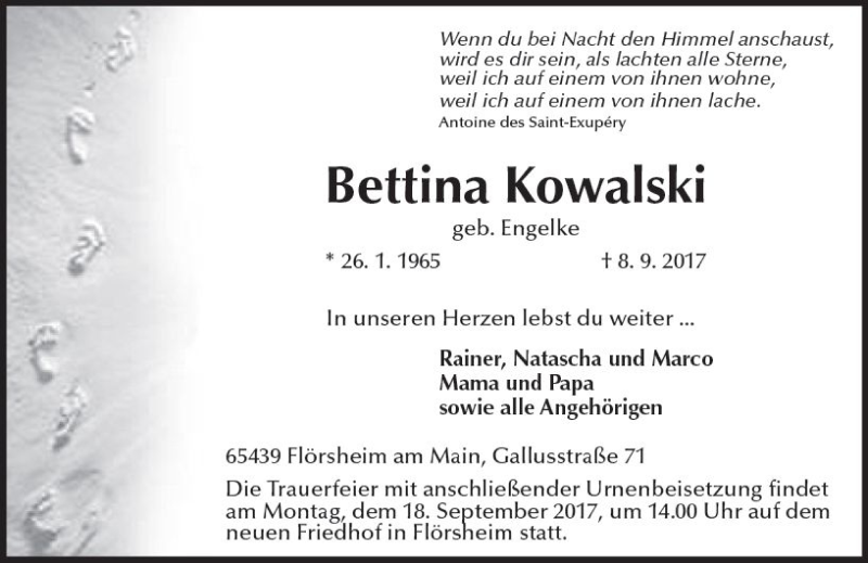  Traueranzeige für Bettina Kowalski vom 12.09.2017 aus Trauerportal Rhein Main Presse