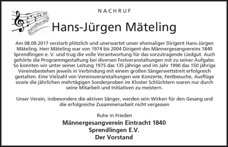  Traueranzeige für Hans-Jürgen Mäteling vom 15.09.2017 aus Trauerportal Rhein Main Presse