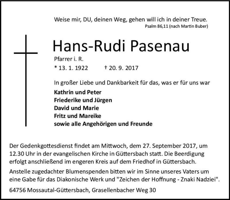  Traueranzeige für Hans-Rudi Pasenau vom 23.09.2017 aus Trauerportal Echo Online