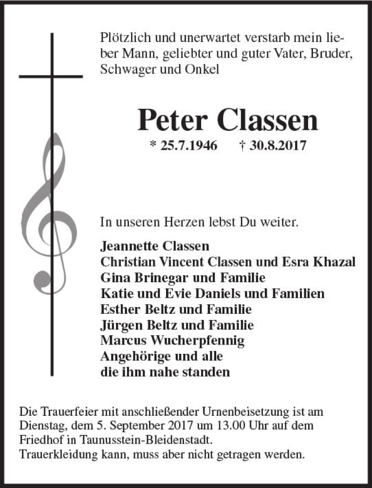  Traueranzeige für Peter Classen vom 02.09.2017 aus Trauerportal Rhein Main Presse