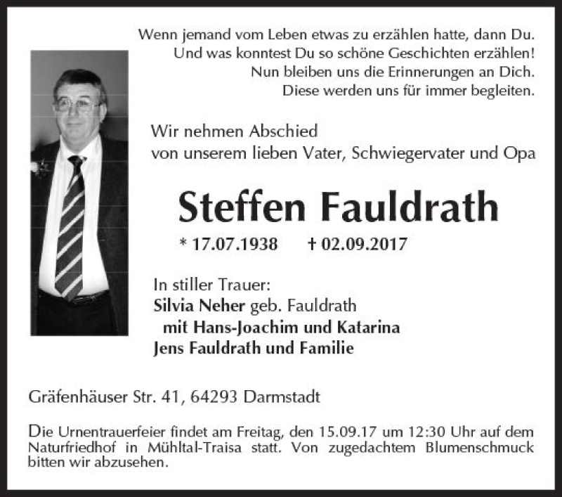  Traueranzeige für Steffen Fauldrath vom 09.09.2017 aus Trauerportal Rhein Main Presse