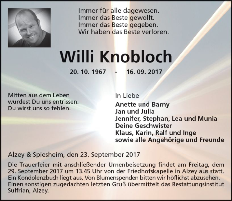  Traueranzeige für Willi Knobloch vom 23.09.2017 aus Trauerportal Rhein Main Presse