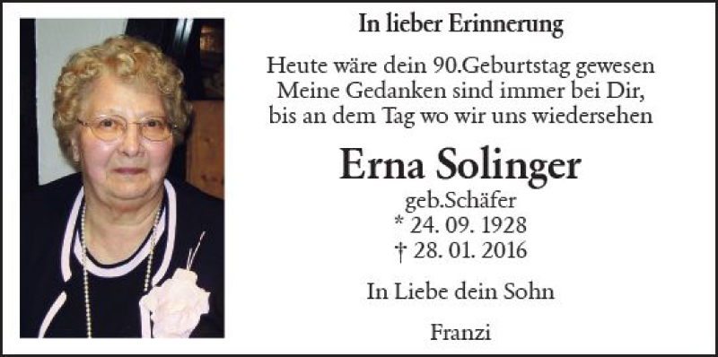  Traueranzeige für Erna Solinger vom 24.09.2018 aus vrm-trauer