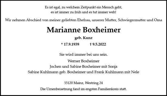 Traueranzeige von Marianne Boxheimer von vrm-trauer AZ Mainz