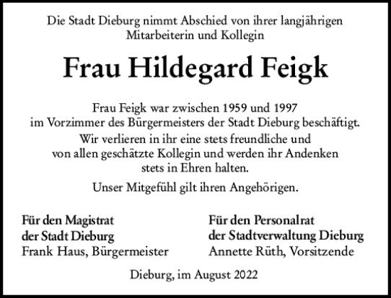 Traueranzeige von Hildegard Feigk von vrm-trauer DieburgerAnzeiger/Groß-Zimmerner Lokala