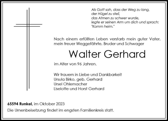 Traueranzeige von Walter Gerhard von Weilburger Tageblatt