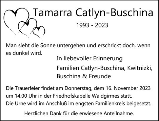 Traueranzeige von Tamarra Catlyn-Buschina von Wetzlarer Neue Zeitung