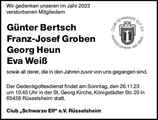 Traueranzeige von Totentafel vom 25.11.2023 von Rüsselsheimer Echo