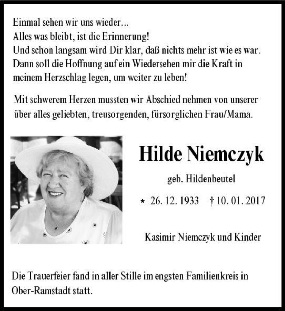  Traueranzeige für Hilde Niemczyk vom 15.01.2017 aus 