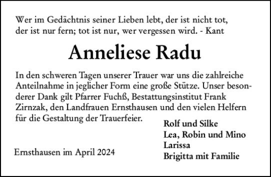 Traueranzeige von Anneliese Radu von Weilburger Tageblatt