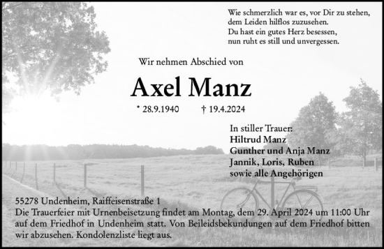 Traueranzeige von Axel Manz von Allgemeine Zeitung Mainz
