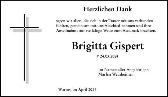 Traueranzeige von Brigitta Gispert von Wormser Zeitung