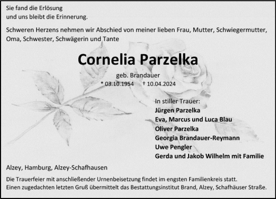 Traueranzeige von Cornelia Parzelka von Allgemeine Zeitung Alzey