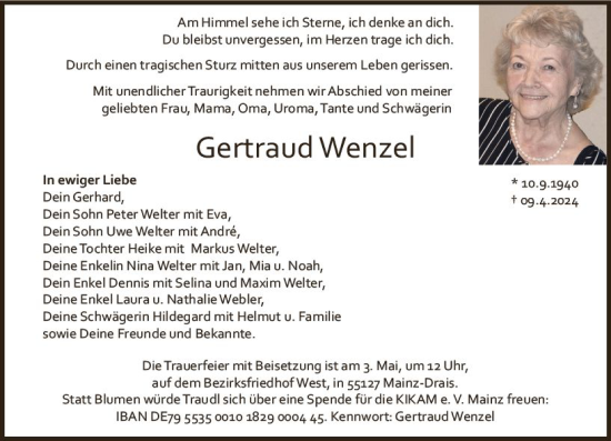 Traueranzeige von Gertraud Wenzel von Allgemeine Zeitung Mainz