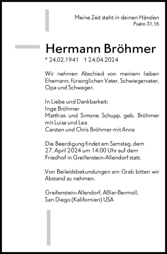 Traueranzeige von Hermann Bröhmer von Wetzlarer Neue Zeitung