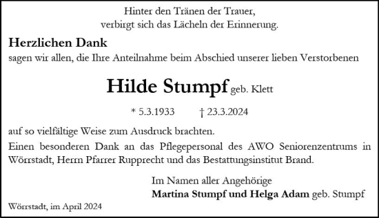 Traueranzeige von Hilde Stumpf von Allgemeine Zeitung Alzey