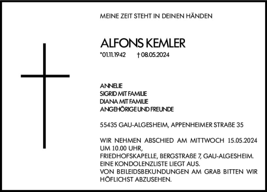 Traueranzeige von Alfons Kemler von Allgemeine Zeitung Bingen/Ingelheim
