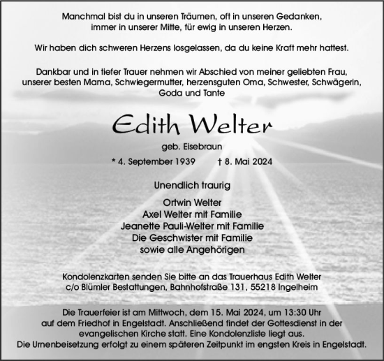 Traueranzeige von Edith Wellter von Allgemeine Zeitung Bingen/Ingelheim