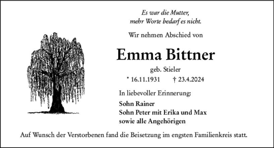 Traueranzeige von Emma Bittner von Wetzlarer Neue Zeitung
