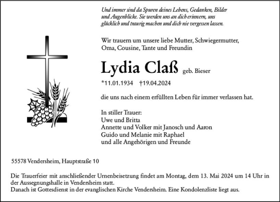 Traueranzeige von Lydia Claß von Allgemeine Zeitung Bingen/Ingelheim